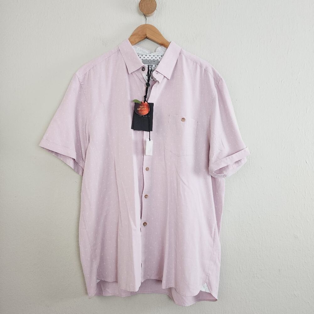 NWT Ted Baker Pink Micro Daisy Print Short Sleeve Button Up Slim Fit Shirt 46